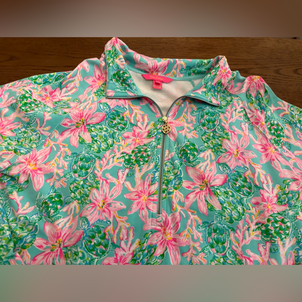 Lilly Pulitzer Quarter Zip- Pink & teal floral print with sea turtles. - Picture 11 of 12